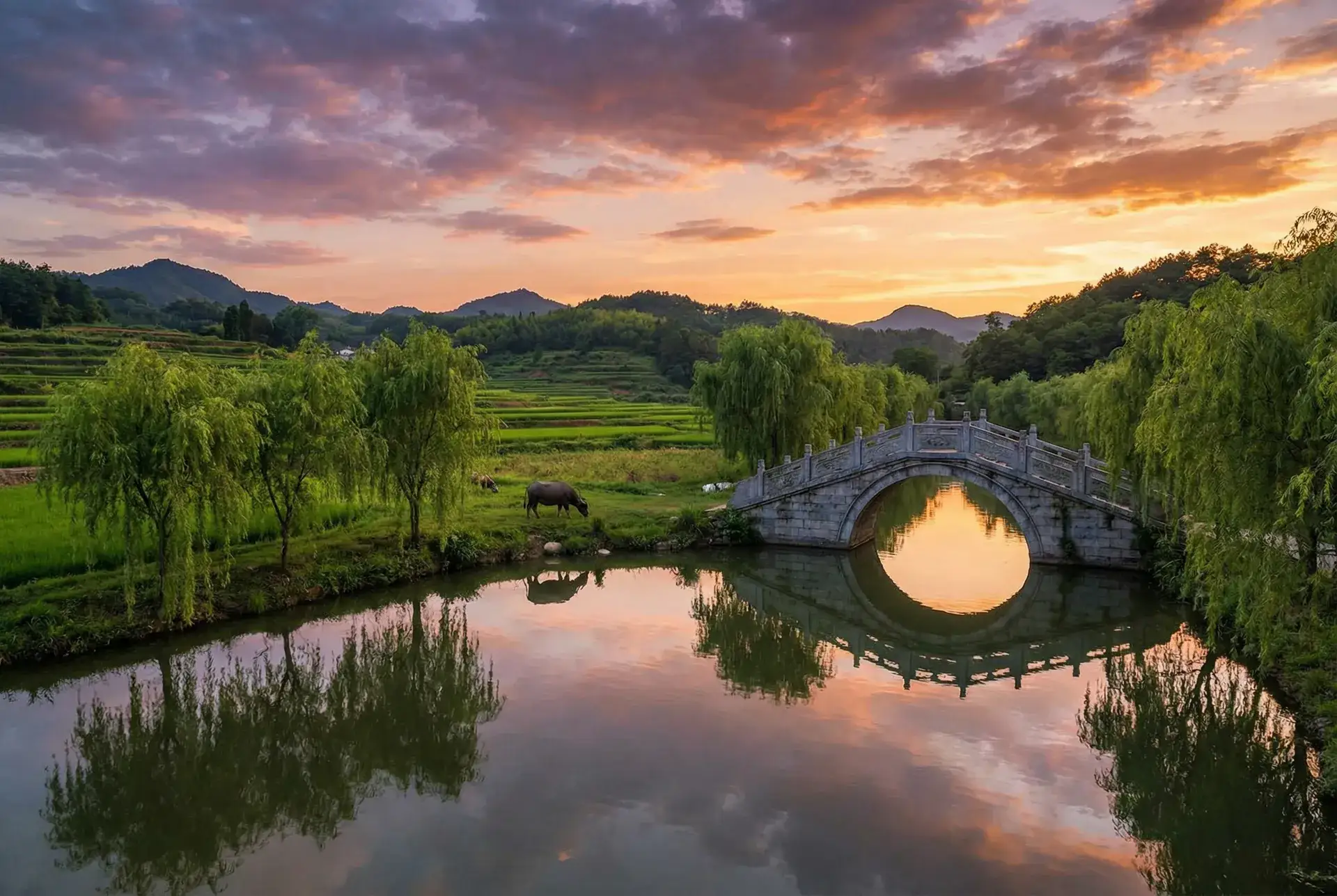 夕阳下的石拱桥与垂柳，水牛在河边吃草 - 国色天香社区免费观看高清 乡村美景